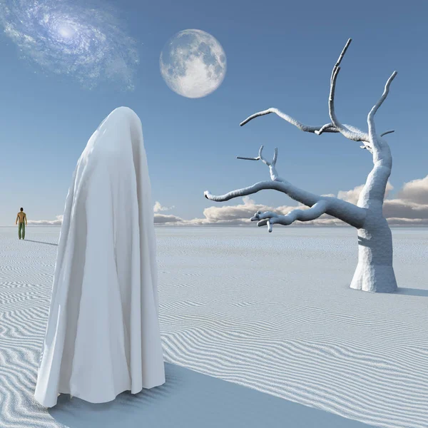 Figure White Hijab Stands Surreal White Desert Lonely Man Distance — Stock Photo, Image