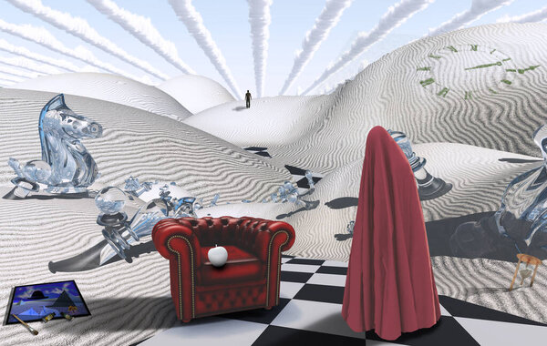 Surreal desert with chess figures. Figure in red hijab. Armchair with white apple. Painting with brush and dyes.