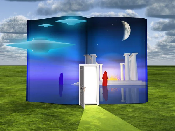 Surrealism Book Opened Door White Temple Fire Monks Flying Saucers — Stock Photo, Image