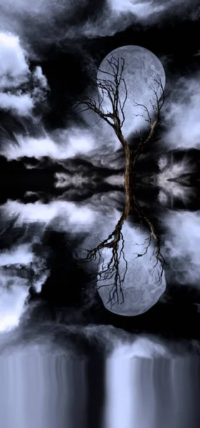 老树和月亮3D渲染 — 图库照片