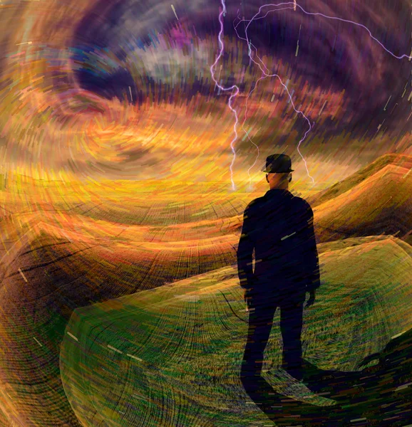 Yıldırımlı Gerçek Üstü Fırtınada Bir Adam Görüntüleme — Stok fotoğraf