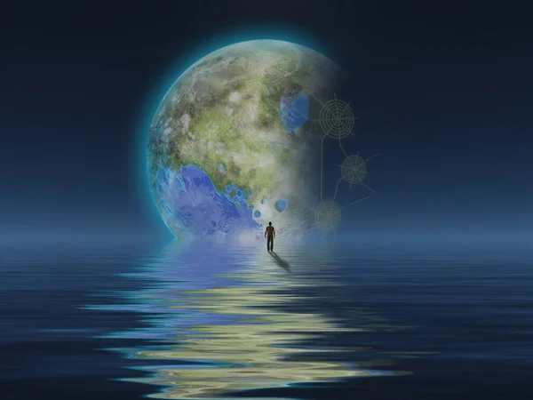 地球の惑星や地球型の月を見ている男 3Dレンダリング — ストック写真