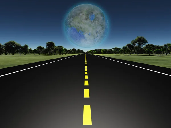 Straße Grüner Landschaft Mit Terraformiertem Mond — Stockfoto