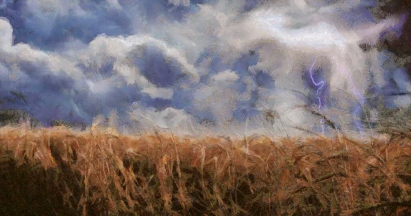 Pintura Óleo Nubes Tormentosas Con Relámpagos Sobre Campo Trigo —  Fotos de Stock