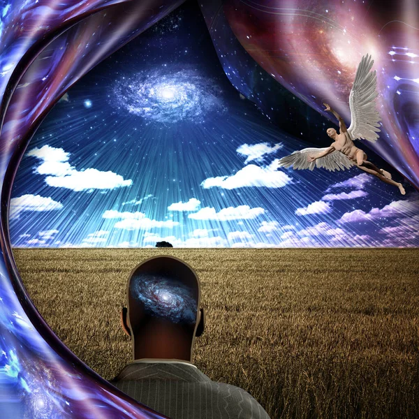 Surrealism Bright Galaxy Sky Man Thought Galaxy His Head Stands — Stock Photo, Image