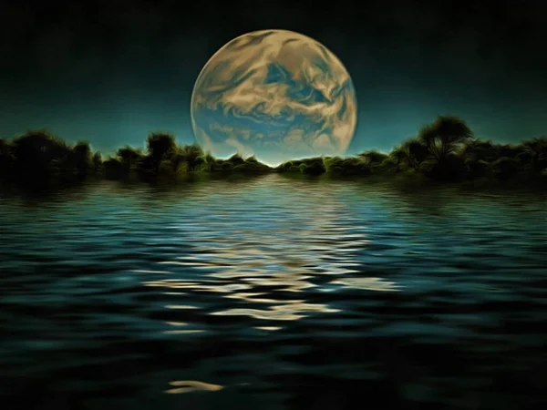 Pittura Surreale Riva Verde Con Alberi Luna Terraformata All Orizzonte — Foto Stock