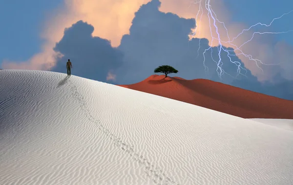 Белая Пустыня Молния Небе Зеленые Деревья Фигура Человека Вдалеке — стоковое фото