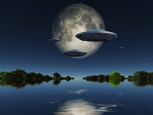 Flying saucers approach moon. Green forest surrounded by water at the horizon.