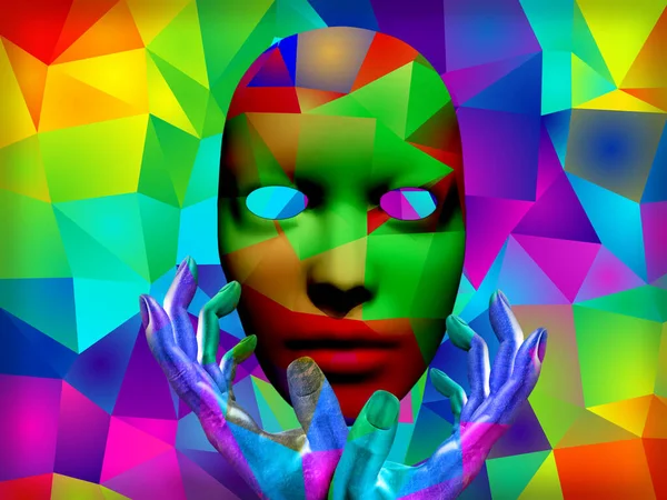 Máscara Com Padrão Caleidoscópico Colorido Mãos Humanas — Fotografia de Stock