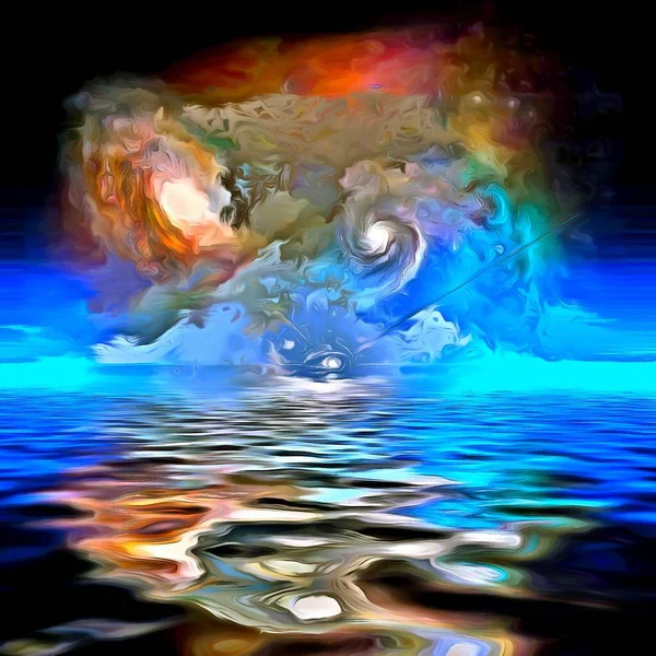 Surreal painting. Vivid universe reflects on water surface.