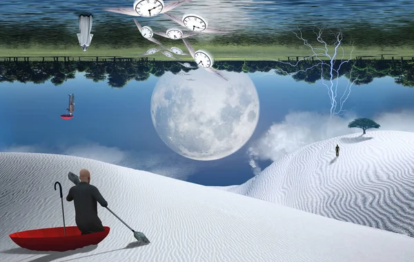 Surrealistisk Målning Man Rött Paraply Flyter Vit Öken Annan Man — Stockfoto