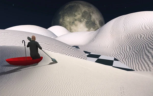 Сюрреалистичная Картина Человек Красном Зонтике Плавает Белой Пустыне Большая Луна — стоковое фото