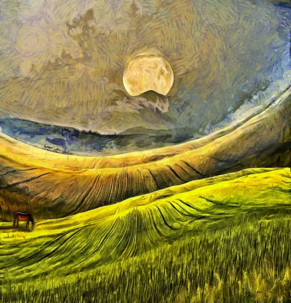 Pintura Óleo Caballo Campo Luna Amarilla Levanta Sobre Montaña —  Fotos de Stock