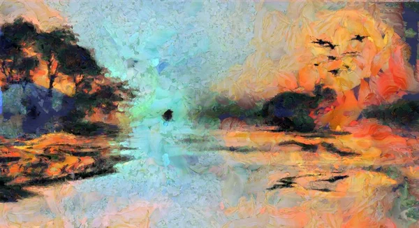 Pintura Colorida Paisagem Ilha Água — Fotografia de Stock