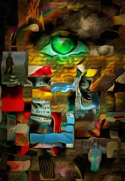 Komplexe Surreale Malerei Geomertische Elemente Auge Gottes Feuerflammen Und Schachfiguren — Stockfoto