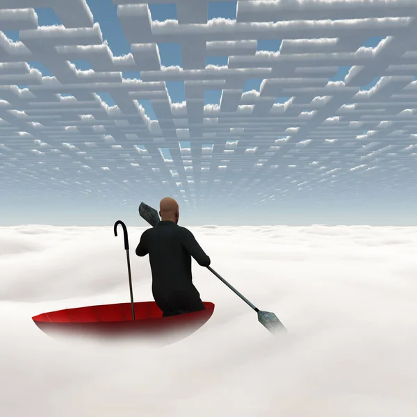 Сюрреалистичная Картина Человек Плавает Красном Зонтике — стоковое фото