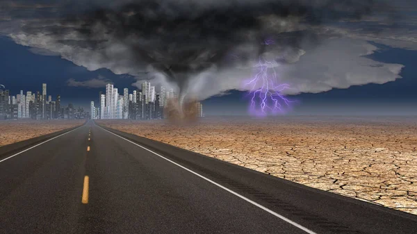 Stormy Sky Desert Road Leading City — Stock Photo, Image