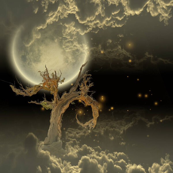 Tree Moon and Stars. Surreal art