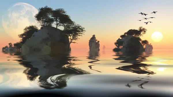 Alba Tramonto Con Luna Isolotti Rocciosi — Foto Stock