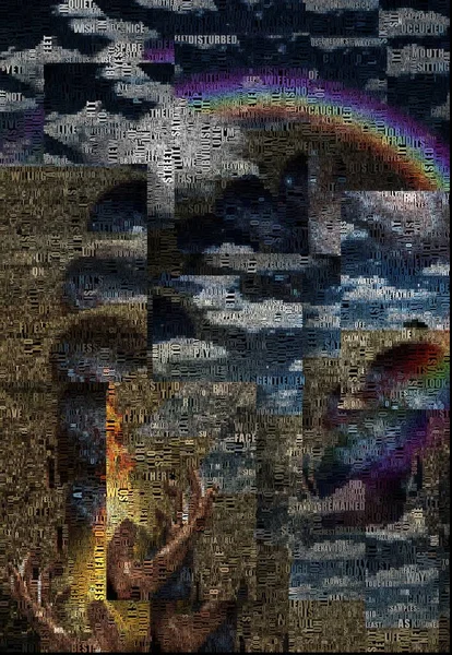 複雑な超現実芸術 人間の手に炎を 曇り空の虹 頭に銀河系の男 — ストック写真