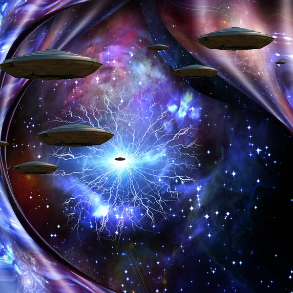Летающие Тарелки Глубоком Космосе Искривленное Пространство — стоковое фото