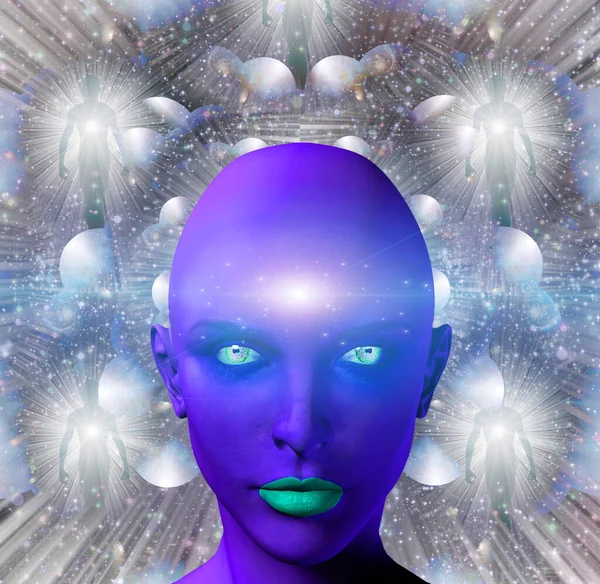 Фиолетовое Женское Лицо Заднем Плане Лучами Света Аурой Человека — стоковое фото