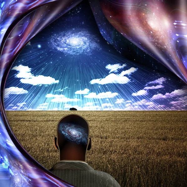 Surreal Painting Man Galaxy His Head Stands Field Wheat Shining — Stock Photo, Image