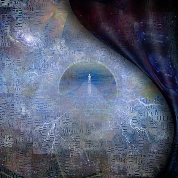 超现实主义 面对深空中的光芒 人形在通往天堂的路上 弯曲的空间 — 图库照片
