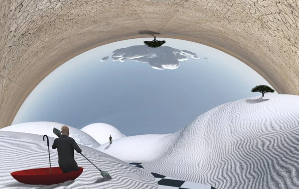 Surreale Malerei Mann Rotem Regenschirm Schwimmt Auf Weißer Wüste Figur — Stockfoto