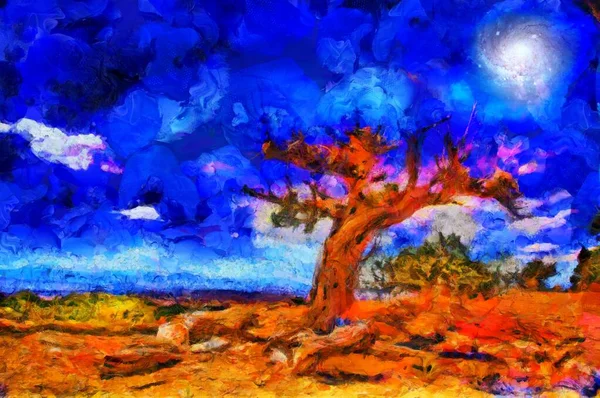 Pintura Abstrata Velha Árvore Céu Azul — Fotografia de Stock