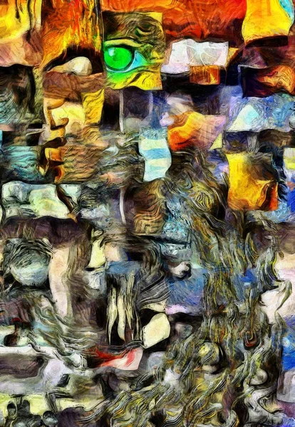 複雑な超現実的な絵画 正方形の断片 魚の渦 — ストック写真