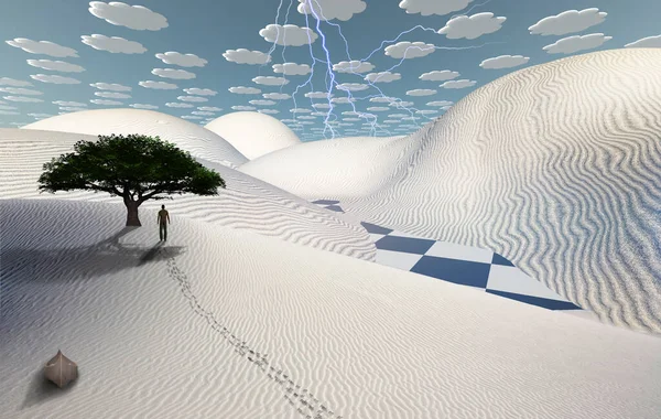 Surreale Wüste Grüner Baum Auf Sanddüne Boot Figur Des Menschen — Stockfoto