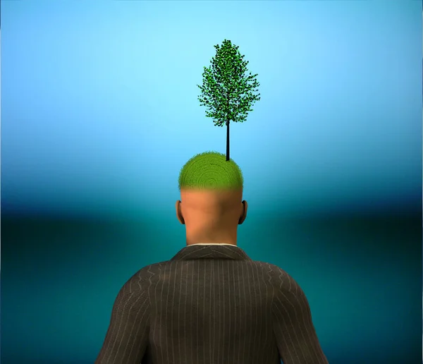 Man Med Grön Tillväxt Toppen Huvudet — Stockfoto