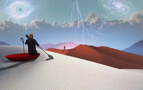 Surrealistisk Målning Man Rött Paraply Flyter Vit Öken Människokännare Avstånd — Stockfoto