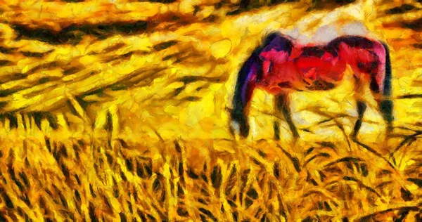 Pittura Olio Cavallo Brucia Sul Campo Raggi Sole Nuvole Drammatiche — Foto Stock