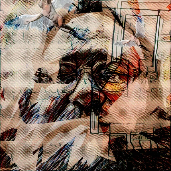 Abstract Painting Old Man Face Glasses Blueprint Background Naked Men — Stock Photo, Image
