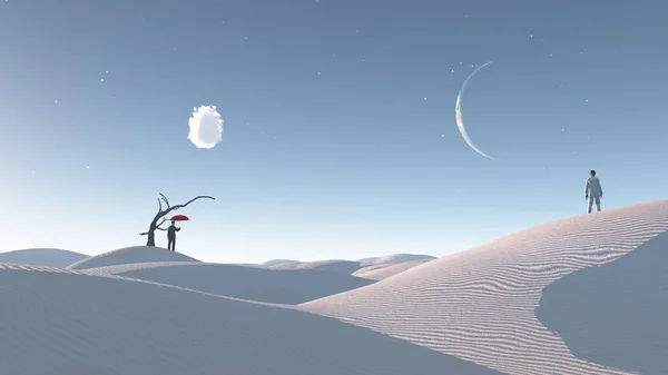 Dois Homens Deserto Com Árvore Nua Lua Surreal Haunting Desert — Fotografia de Stock