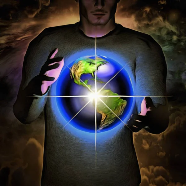 Surrealistyczny Obraz Człowiek Trzyma Ziemię Między Rękami — Zdjęcie stockowe