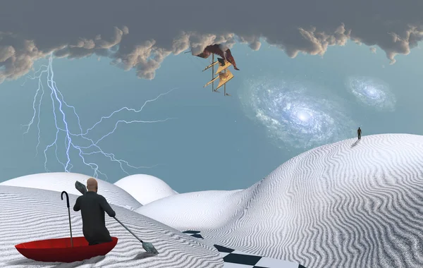 Pintura Surreal Homem Guarda Chuva Vermelho Flutuar Deserto Branco Figura — Fotografia de Stock