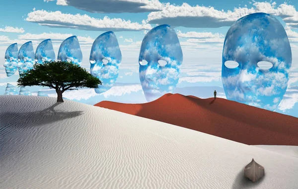 Surreale Weiße Wüste Figur Des Menschen Der Ferne Masken Schweben — Stockfoto