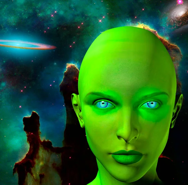 Face Female Alien Colorful Universe Background — Stock Photo, Image