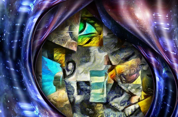 Complex Surreal Painting Eye Pieces Puzzle Square Elements Text — Stock Photo, Image