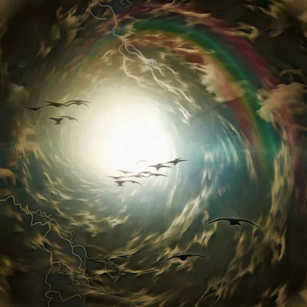 Kuşlarla Dolu Bir Bulut Tüneli Görüntüleme — Stok fotoğraf