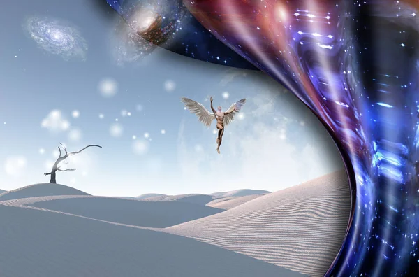 Surreal White Desert Dry Tree Galaxies Big Moon Horizon Naked — Stock Photo, Image