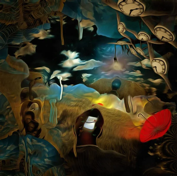 Сюрреалістичний Живопис Голий Чоловік Відкритими Дверима Замість Обличчя Лампа Гілці — стокове фото
