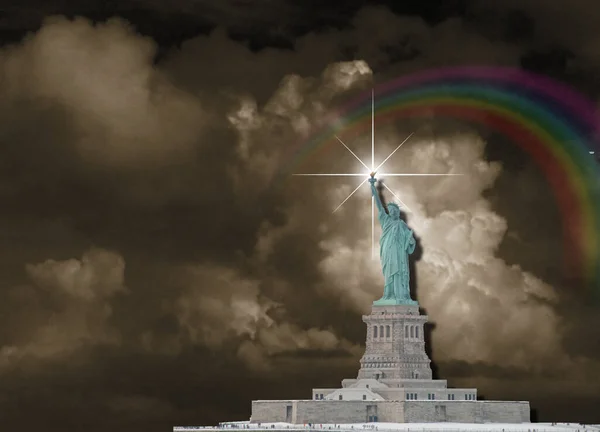 自由女神像和曼哈顿全景3D渲染 — 图库照片