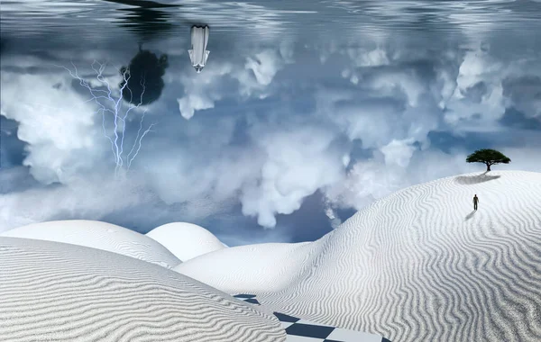 Surreal White Desert Green Tree Sand Dune Figure Man Monk — Stock Photo, Image