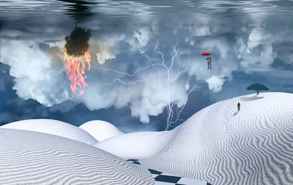 Surreal White Desert Man Flies Umbrella Burning Green Tree Water — Stock Photo, Image