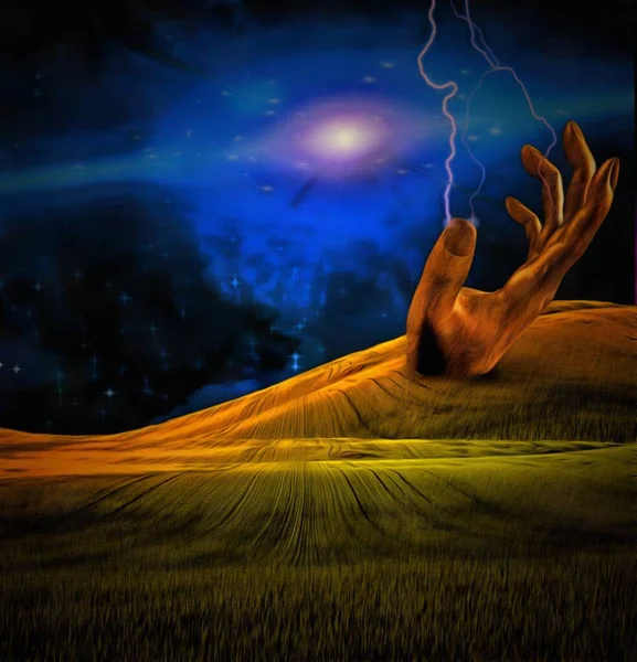 Surreal Painting Giant Hand Field — Stock Photo, Image