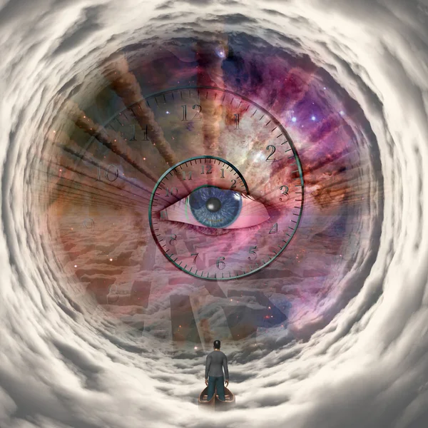 Man Boat Floating God Eye Cloudy Maze — Stock Photo, Image